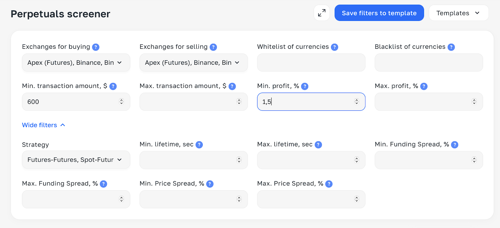 Futures Scanner Filter System (Futures Arbitrage tab)