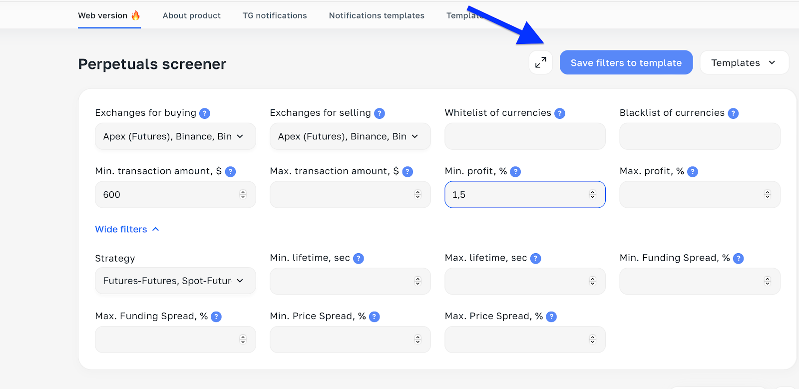 Futures Scanner Filter System (Futures Arbitrage tab)