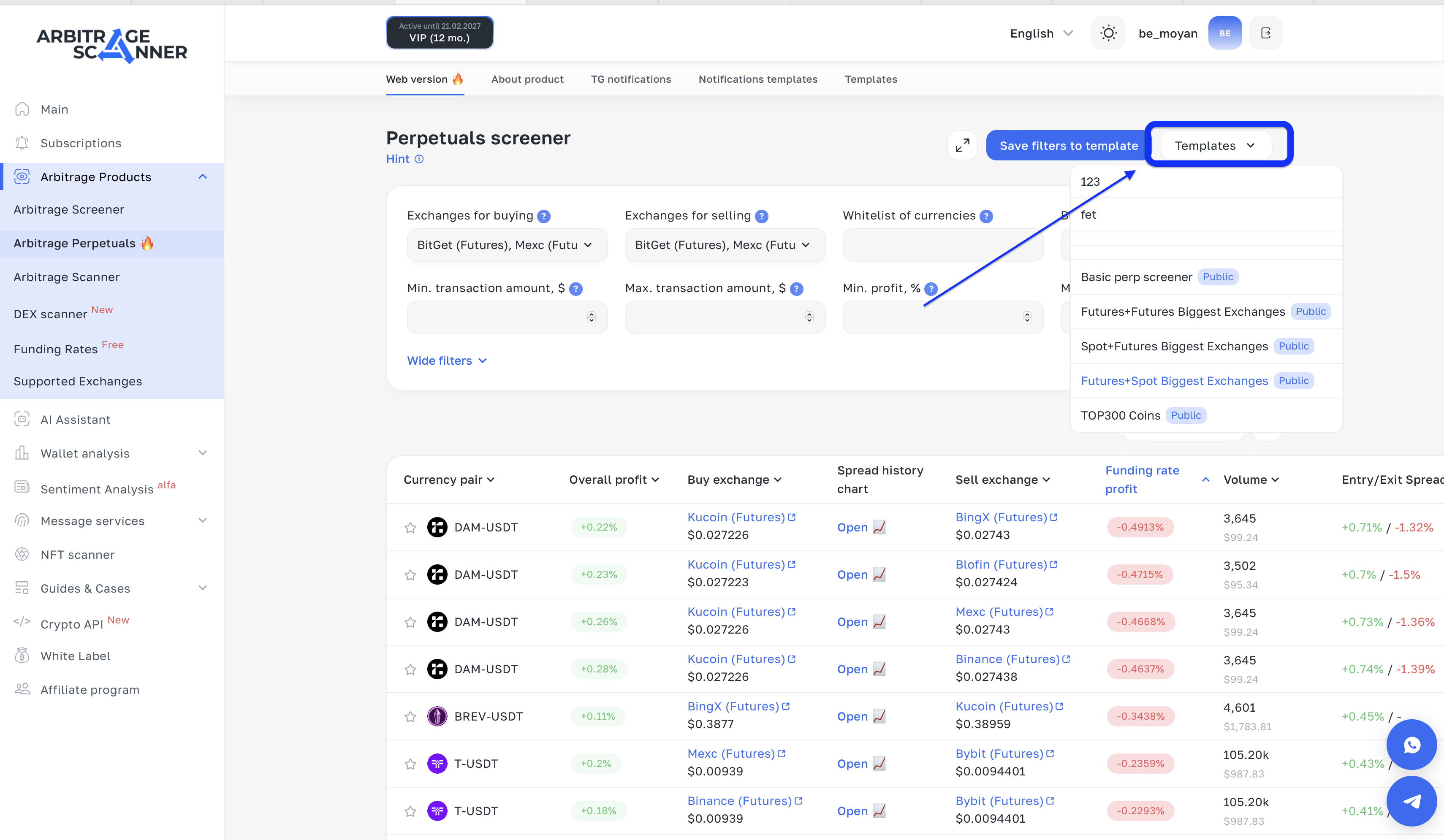 Futures Scanner Filter System (Futures Arbitrage tab)